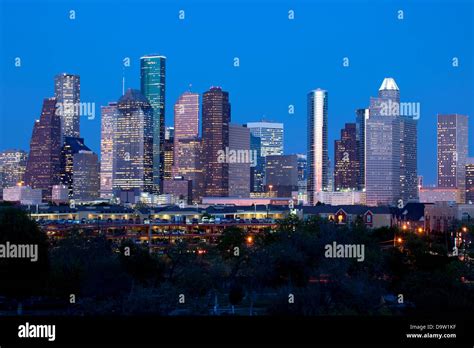 Downtown Houston Texas Skyline At Sunset Stock Photo Alamy