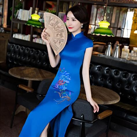 Shanghai Story Faux Silk Qipao Long Cheongsam National Trend Chinese Style Dresses Blue