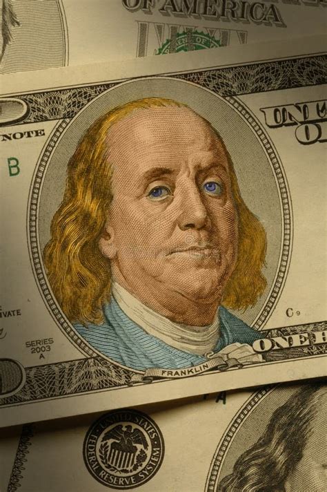 Close Up Of Benjamin Franklin On The 100 Bill Stock Photo Image Of