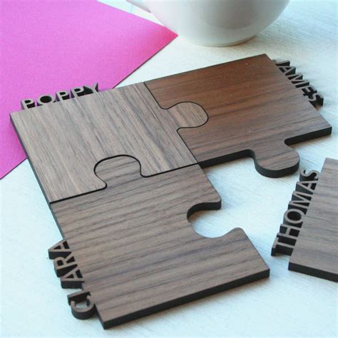 Set Of Four Personalised Cut Out Wooden Jigsaw Coasters By Wood Paper