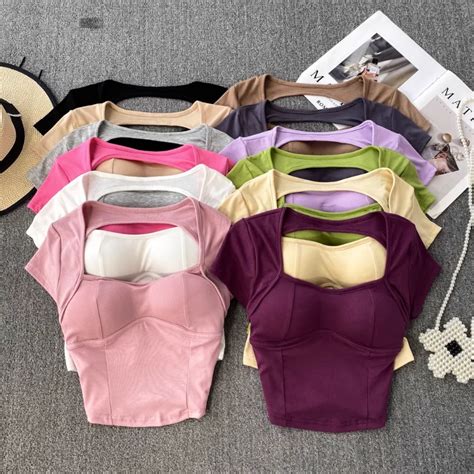 chic t shirt women with built in bra hollow out casual tops womens solid color backless