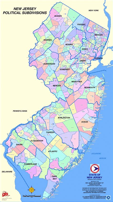 Large Map Of New Jersey State Political Subdivisions New Jersey State