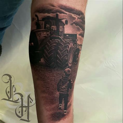 Black And Grey Child And Tractor Tattoo Love N Hate