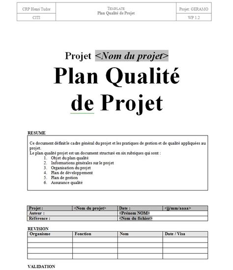 Exemple plan qualité projet en word doc
