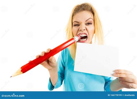 Funny Woman Biting Big Pencil Stock Image Image Of Student Funny