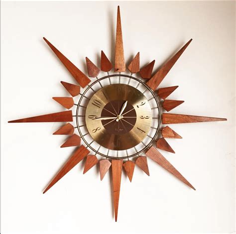 Mid Century Modern Teak And Brass Starburst Wall Clock Vintage Modern