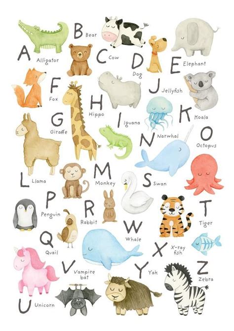 A4 Alphabet Art Print Nursery Watercolour Animals Alphabet Art