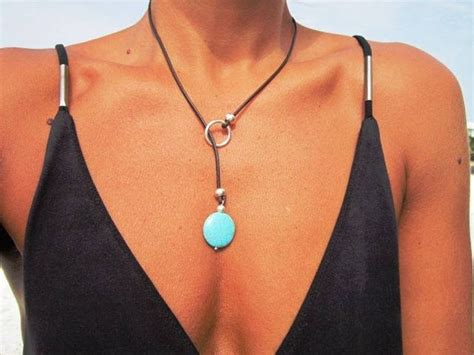 Turquoise Leather Necklace Lariat Necklace Y Shapped Etsy Leather