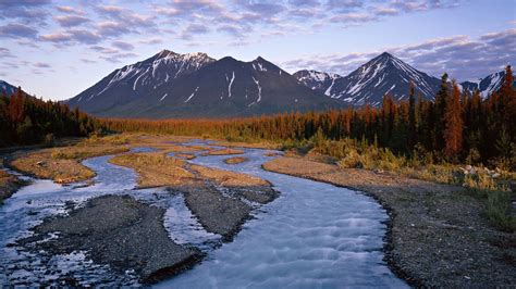 Nature Landscape Mountain Clouds Snow Water Canada Stream Trees