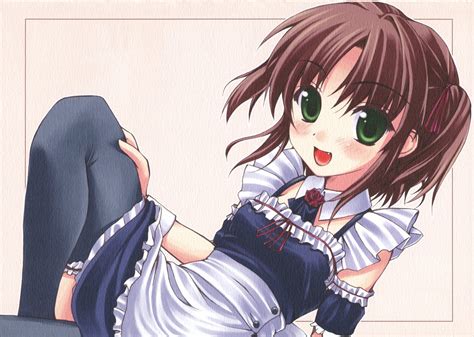 Blush Brown Hair Fang Green Eyes Maid Nuruken Thighhighs Anime