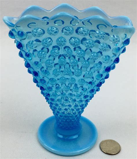 Lot Vintage Fenton Glass Blue Opalescent Hobnail Fan Vase 625 Tall