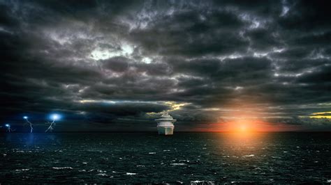 Wallpaper Ship Pacific Ocean Sea Sun Rays Lightning Clouds