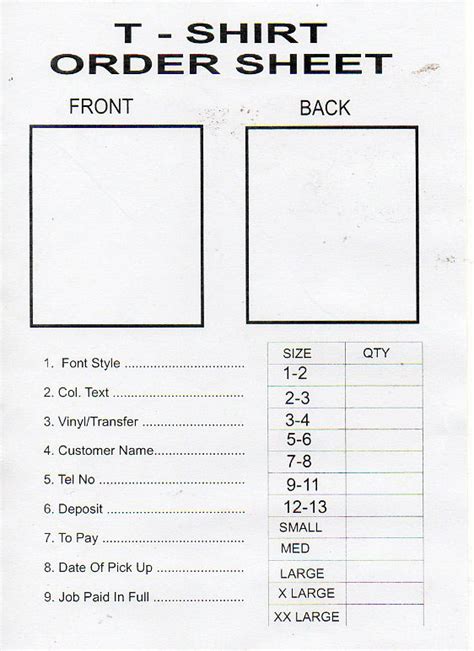Free Printable Shirt Order Form Printable Forms Free Online