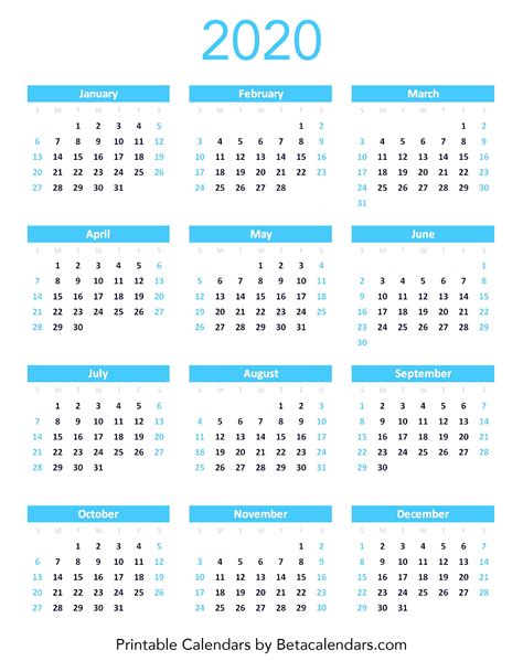 2020 Calendar Free Printable Yearly Calendar 2020
