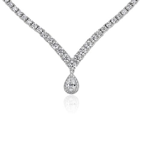 Diamond Chevron Eternity Necklace With Pear Halo Drop In 14k White Gold