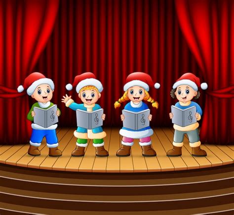Cartoon Children Singing Christmas Carols On The Stage Vector Premium