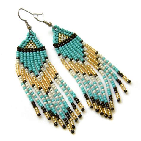 Turquoise Long Seed Bead Earrings Handmade Beaded Earrings Etsy