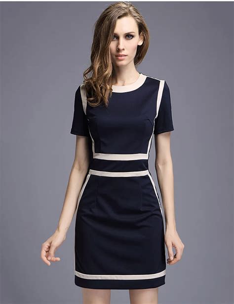 Womens Slim Fashion Europe Style O Neck Office Dresses New Arrival Black White Patchwork Design