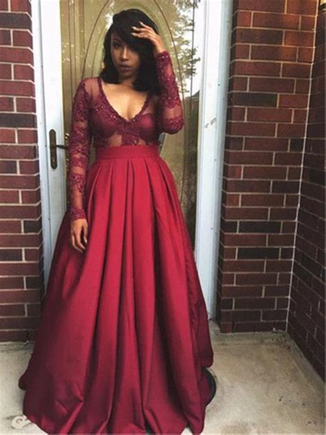 Long Sleeves Burgundy Lace Prom Dresses Long Sleeves Wine Red V Neck