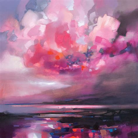 An Abstract Painting Of Pink And Purple Clouds In The Sky With Water