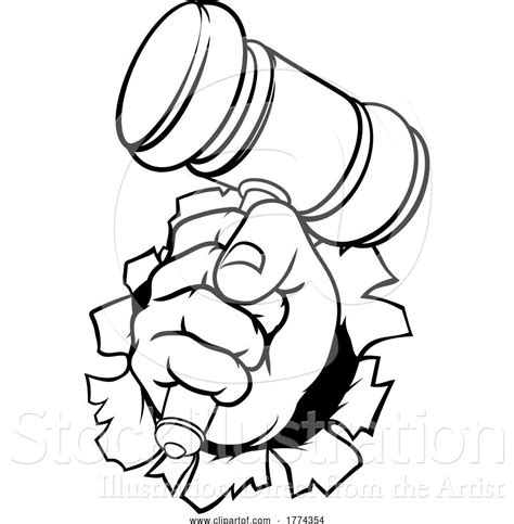 Vector Illustration Of Cartoon Fist Hand Holding Judge Hammer Gavel