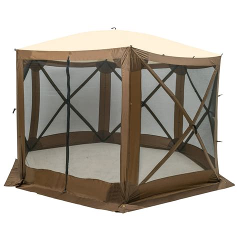 Portable Pop Up 6 Sided Canopy Pop Up Gazebo Tent With Mosquito Net Brown