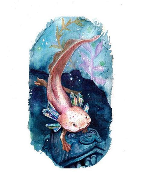 Axolotl Crystal Watercolor Art Print Xolotl Mayan Surreal Etsy