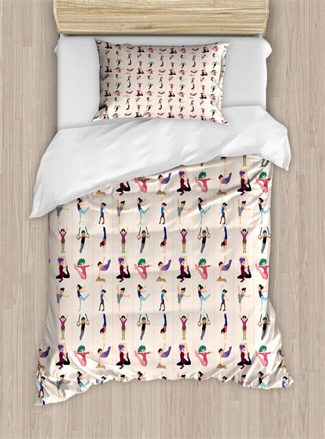 Gymnastics Duvet Cover Set Twin Size Colorful Cartoon Style Characters With Athletics Poses