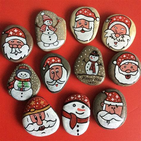 Snowman And Santa Claus Hand Painted Rocks Rock Painting Art Pebble