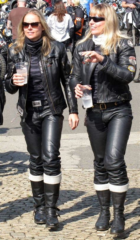 Two Blondes In Black Riding Leathers Pants Boots White Socks Biker Girl Outfits Leather Pants
