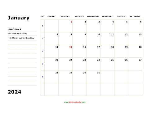 free download printable calendar 2024 large box holidays listed space for notes
