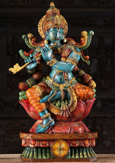 Sold Wooden Blue Krishna Relaxing While Playing The Flute 30 98w10s