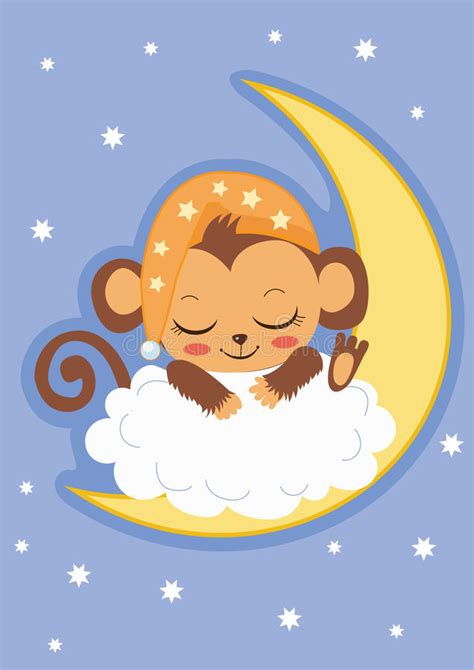 Cute Baby Monkey Is Sleeping On The Moon Cartoon Vector Card Stock