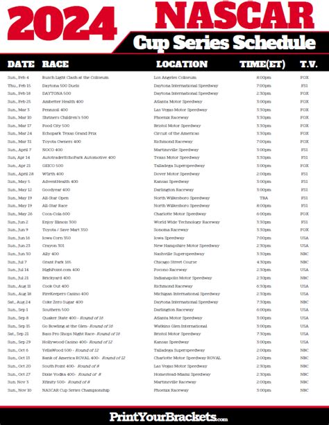 Printable 2024 Nascar Schedule Nascar Cup Series Dates And Times