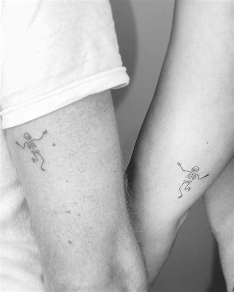 Fine Line Matching Dancing Skeleton Tattoo For Couple