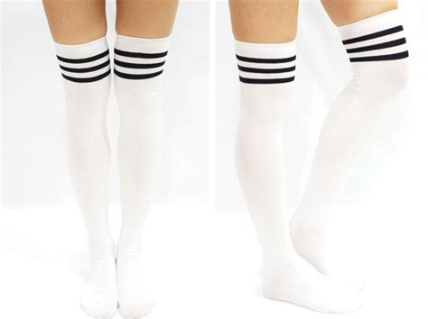Jk Black Stripe Cotton Thigh High Socks White 86635