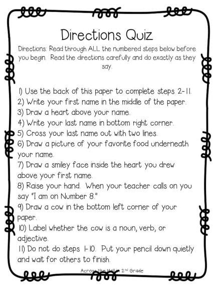 Following Directions Worksheet Middle School