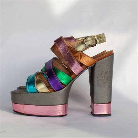 70s Womens Platform Shoes Rainbow Metallic 55 Heels Size 65 7 340