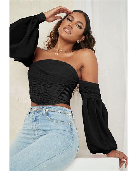 Missguided Synthetic Black Draped Corset Balloon Sleeve Crop Top Lyst