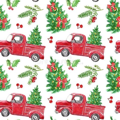 Festive Christmas Seamless Pattern With Watercolor Red Vintage Truck