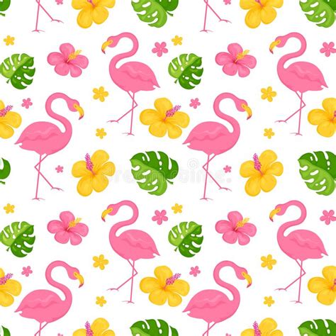 Seamless Pattern With Flamingos Tropical Leaves And Flowers Vector