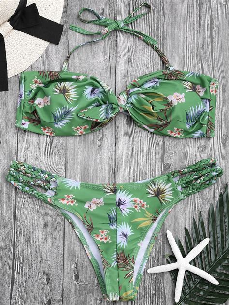 25 Off 2021 Printed Knotted Bandeau Bikini Set In Green Zaful