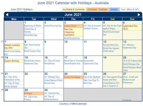 Printable Calendar June 2021 Australia