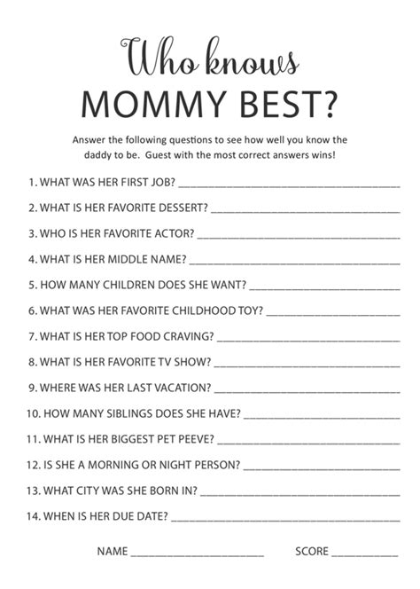 Free Printable Who Knows Mommy Best Baby Shower Game