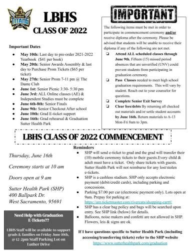 Updates For Graduating Seniors Class Of 2022 Luther Burbank High School