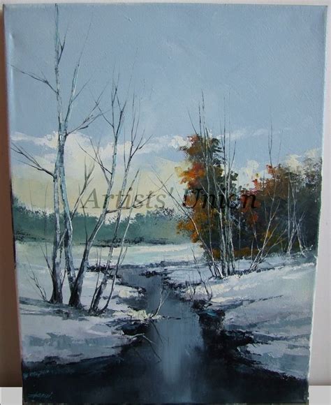 Winter River Original Oil Painting Landscape Forest Palette Knife Fine