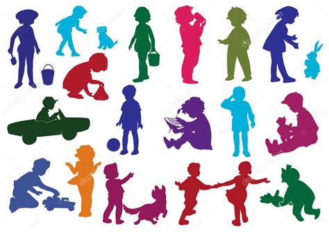 Set Of Drawn Colored Silhouettes Of Children Kids Stock Vector By