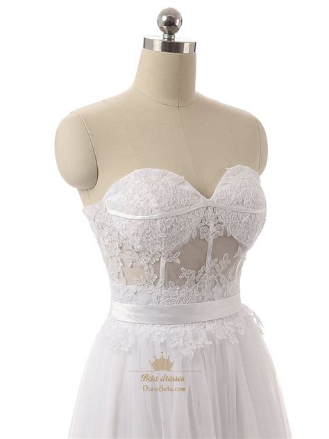 White Strapless Sheer Lace Corset Bodice Knee Length Chiffon Dress Next Prom Dresses