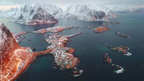 Aerial View Of Reine And Hamnoy At Sunrise In Winter Del Colaborador