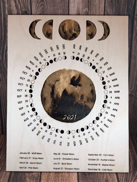 Phases Of The Moon 2021 Lunar Calendar Wood Etching Spiritual Etsy